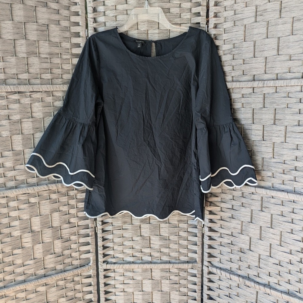 Talbots Black Blouse Top Scalloped Double Trim Bell Sleeve Sz M Cotton Poplin
